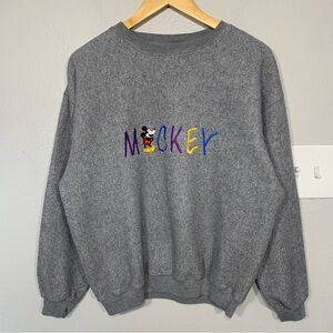 Vintage 90s Mickey Mouse Embroidered‎ Gray Fleece Sweatshirt Large